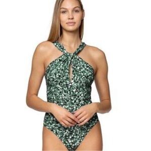 Green Patterned Twist-Halter One-Piece Swimsuit with Keyhole Front